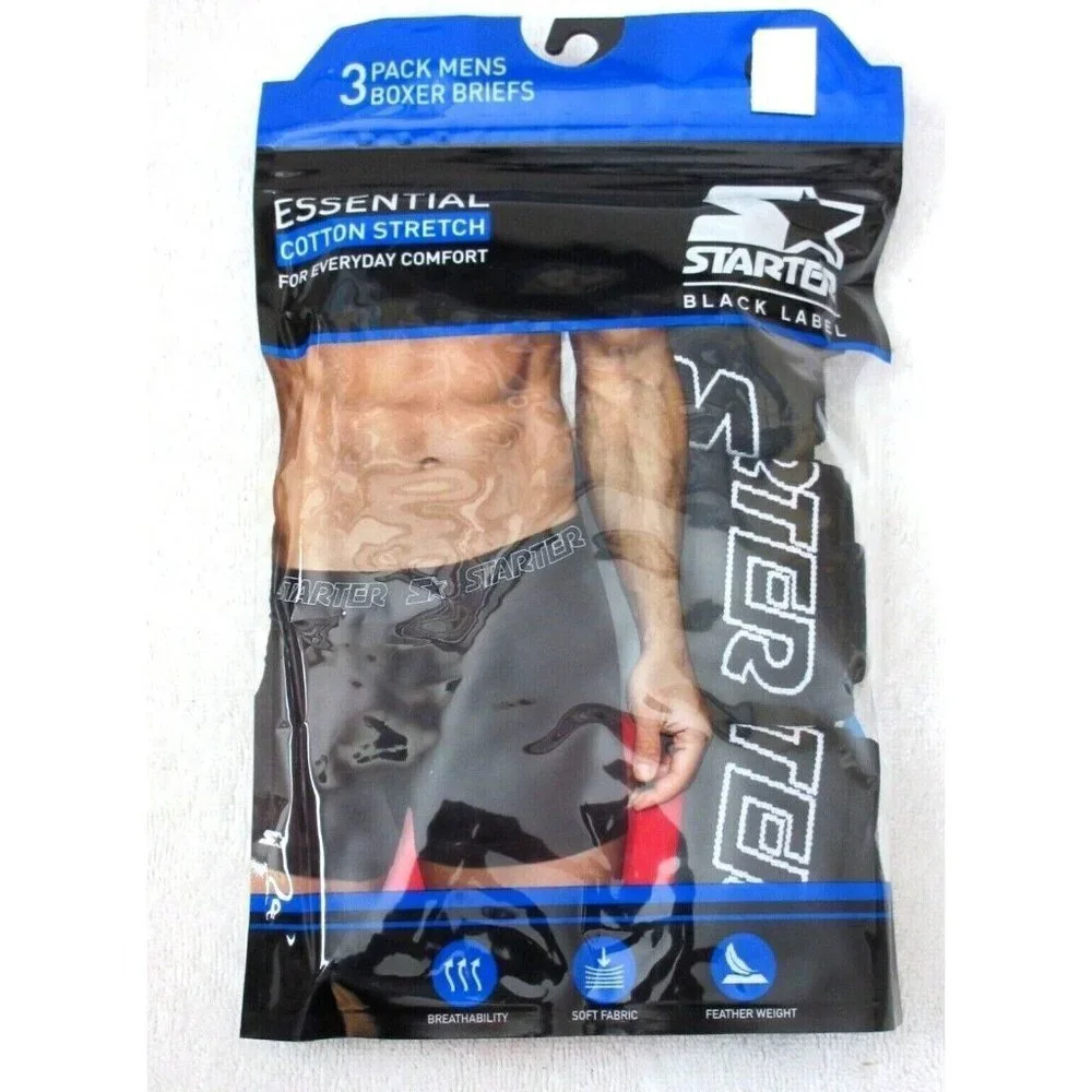 Starter Men's Black Label Essential Cotton Stretch 3 Pack Boxer Briefs All Sizes